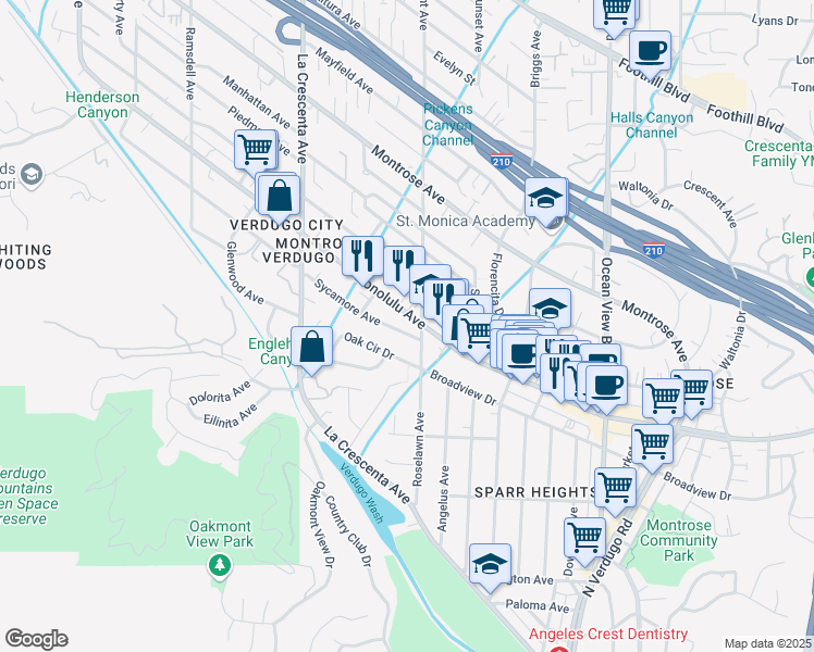 map of restaurants, bars, coffee shops, grocery stores, and more near 2608 Honolulu Avenue in Glendale