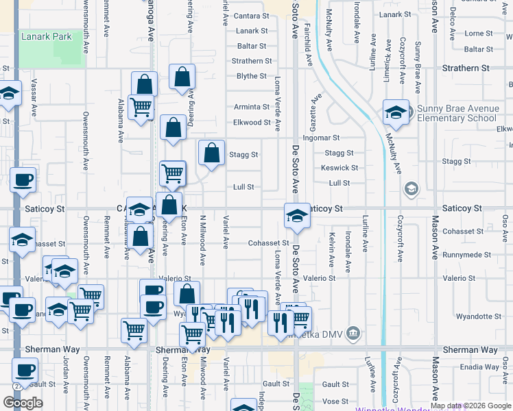 map of restaurants, bars, coffee shops, grocery stores, and more near 21018 Lull Street in Los Angeles