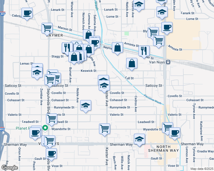 map of restaurants, bars, coffee shops, grocery stores, and more near Saticoy St & Kester Ave in Los Angeles