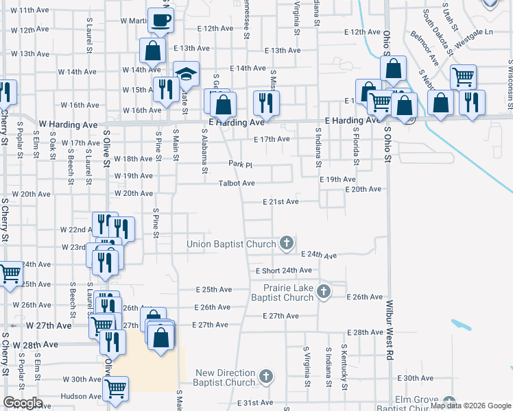 map of restaurants, bars, coffee shops, grocery stores, and more near 308 East 21st Avenue in Pine Bluff