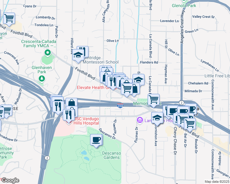 map of restaurants, bars, coffee shops, grocery stores, and more near 1419 Foothill Boulevard in La Cañada Flintridge