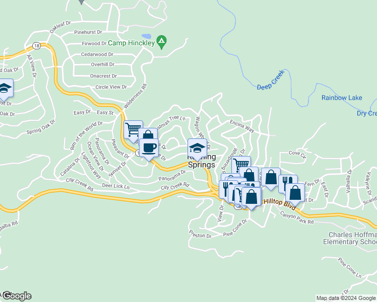 map of restaurants, bars, coffee shops, grocery stores, and more near 31766 Silver Spruce Drive in Running Springs