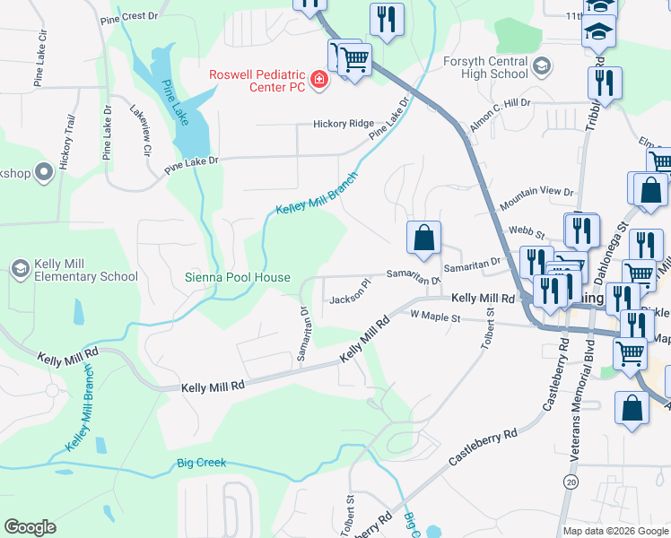map of restaurants, bars, coffee shops, grocery stores, and more near 409 Samaritan Drive in Cumming