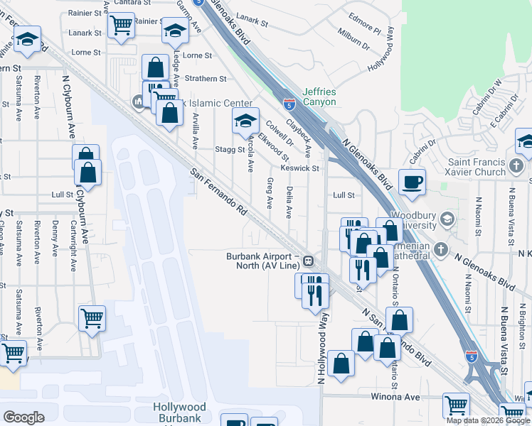 map of restaurants, bars, coffee shops, grocery stores, and more near 7508 San Fernando Road in Los Angeles