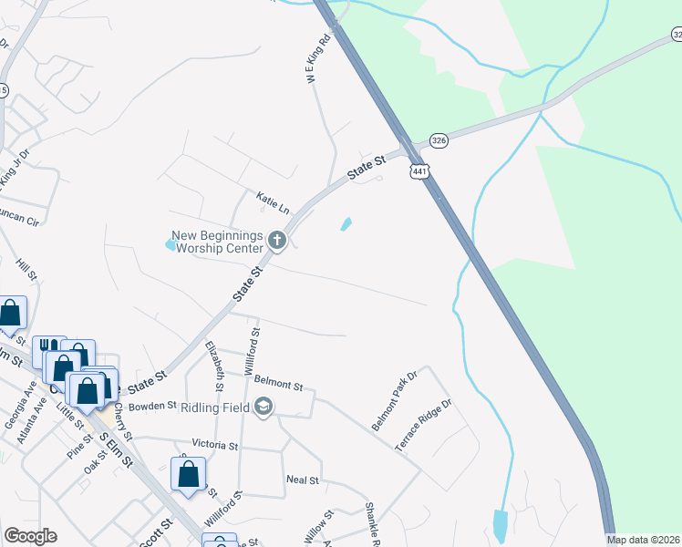 map of restaurants, bars, coffee shops, grocery stores, and more near 215 Baxter Road in Commerce