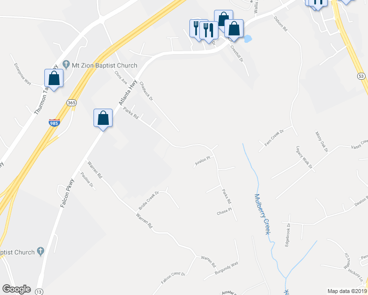 map of restaurants, bars, coffee shops, grocery stores, and more near 3979 Parks Road in Flowery Branch