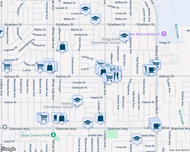 map of restaurants, bars, coffee shops, grocery stores, and more near 17337 Saticoy Street in Los Angeles