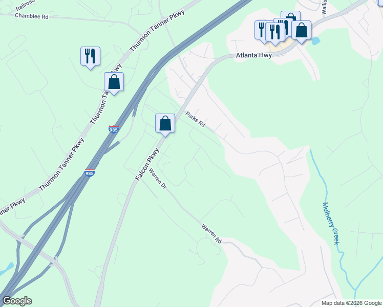 map of restaurants, bars, coffee shops, grocery stores, and more near 3885 Falcon Parkway in Flowery Branch