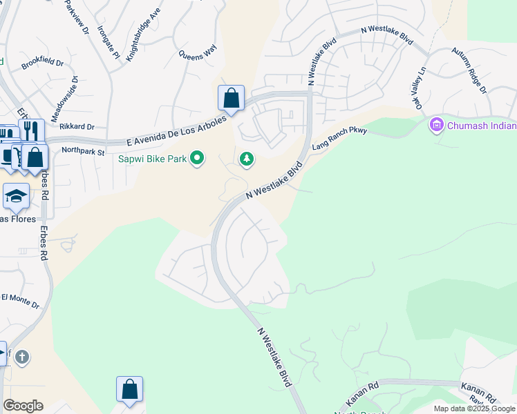 map of restaurants, bars, coffee shops, grocery stores, and more near 2882 Rainfield Avenue in Westlake Village
