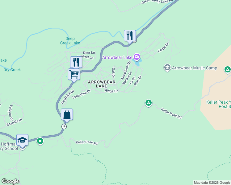 map of restaurants, bars, coffee shops, grocery stores, and more near 33133 Ridge Drive in Running Springs