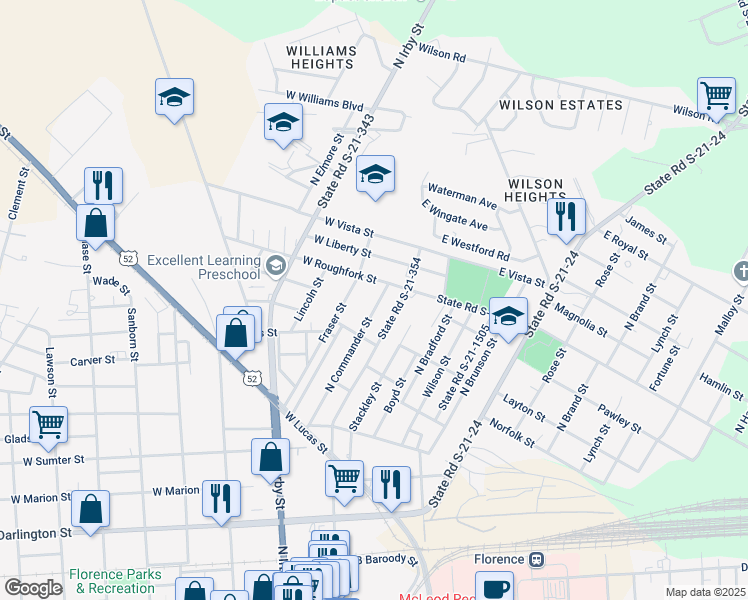 map of restaurants, bars, coffee shops, grocery stores, and more near 827 North Commander Street in Florence