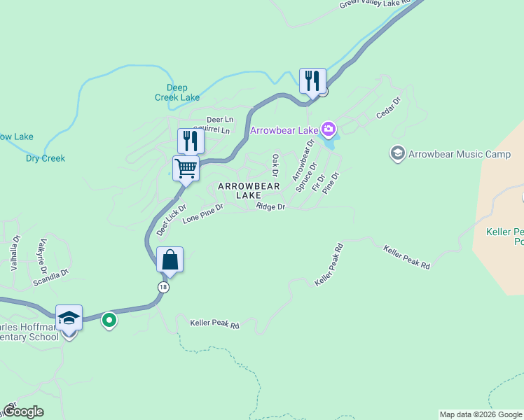 map of restaurants, bars, coffee shops, grocery stores, and more near 33079 Ridge Drive in Running Springs