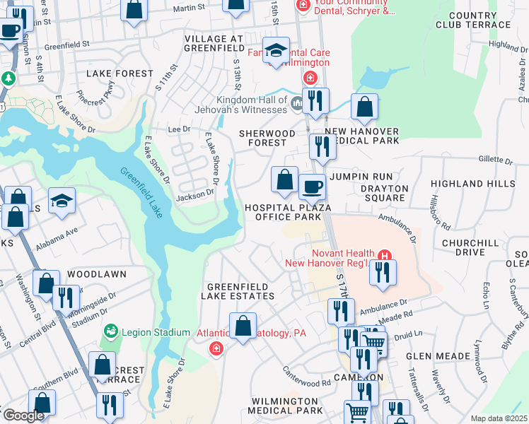 map of restaurants, bars, coffee shops, grocery stores, and more near 1402 Hospital Plaza Drive in Wilmington