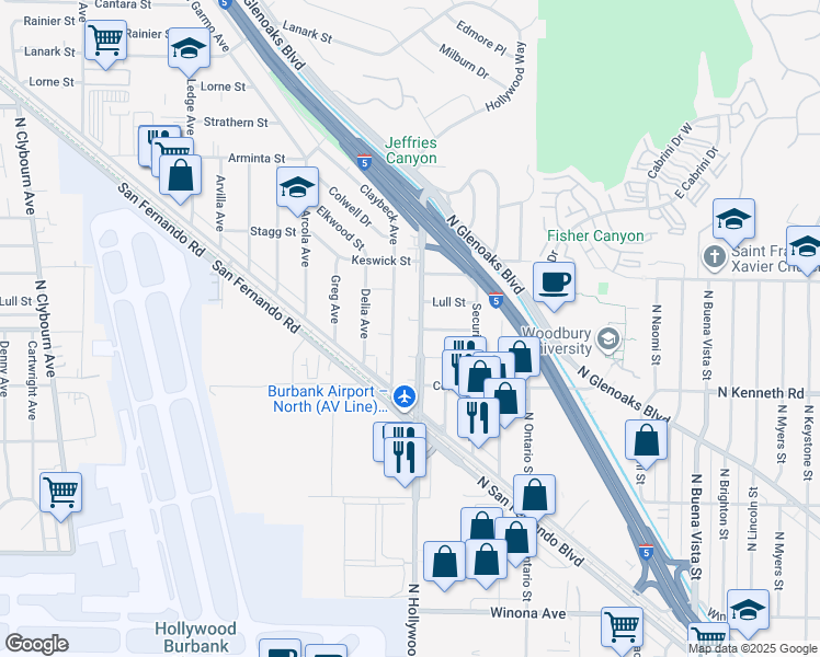 map of restaurants, bars, coffee shops, grocery stores, and more near 7622 North Hollywood Way in Burbank