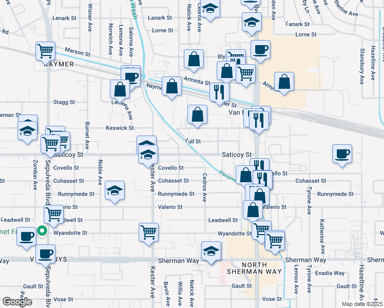 map of restaurants, bars, coffee shops, grocery stores, and more near 14710 Lull Street in Los Angeles