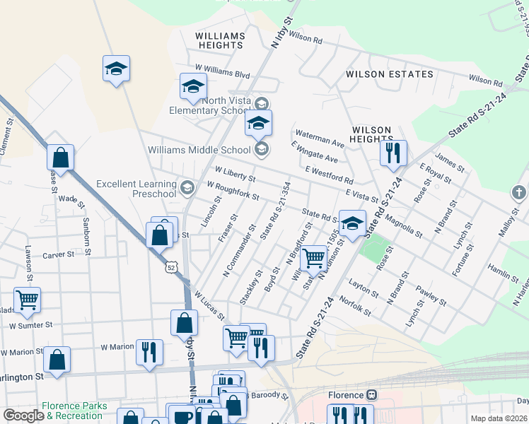 map of restaurants, bars, coffee shops, grocery stores, and more near 827 North Commander Street in Florence
