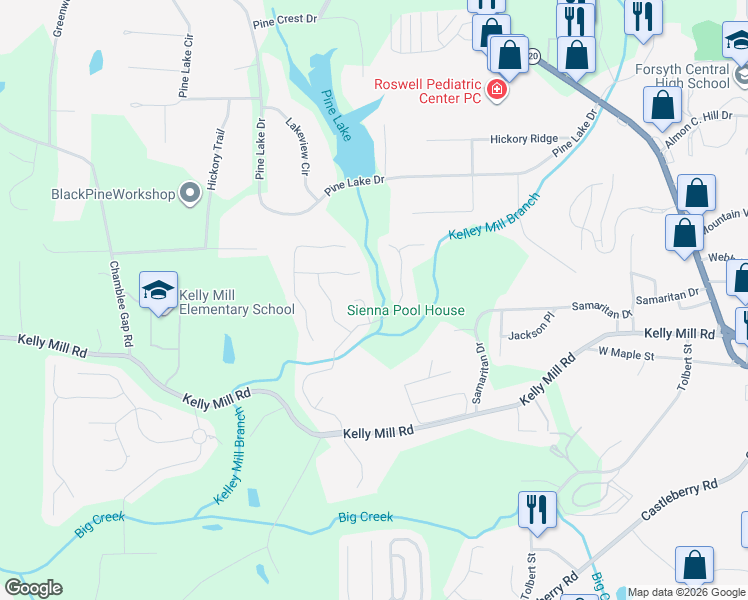 map of restaurants, bars, coffee shops, grocery stores, and more near 930 Sweet Birch Way in Cumming