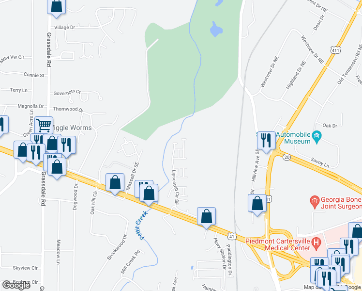 map of restaurants, bars, coffee shops, grocery stores, and more near 101 Lipscomb Circle Southeast in Cartersville