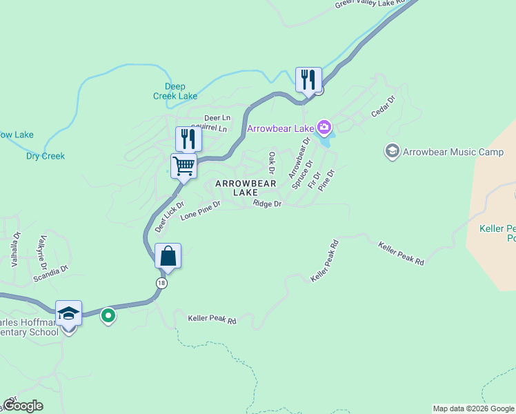 map of restaurants, bars, coffee shops, grocery stores, and more near 33079 Ridge Drive in Running Springs