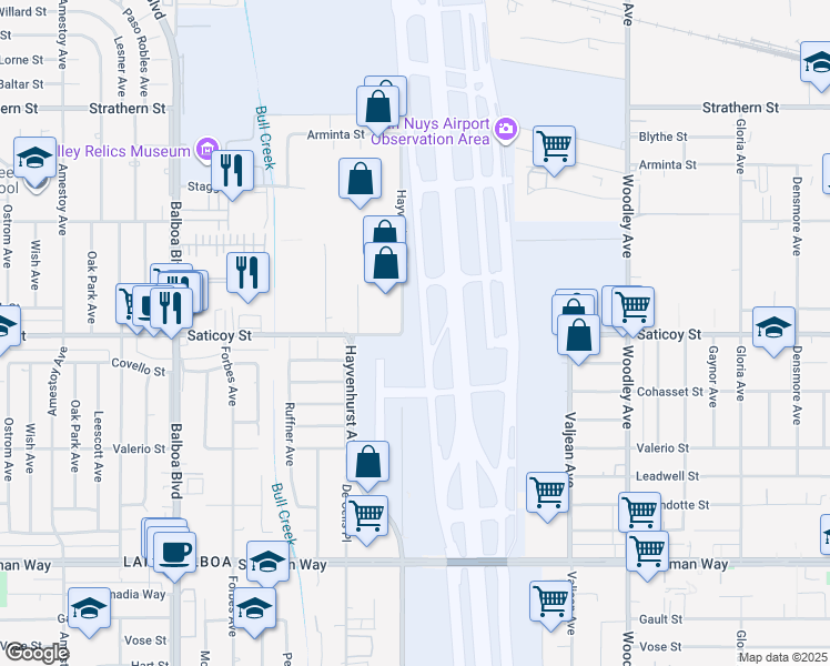 map of restaurants, bars, coffee shops, grocery stores, and more near 7600 Hayvenhurst Avenue in Los Angeles