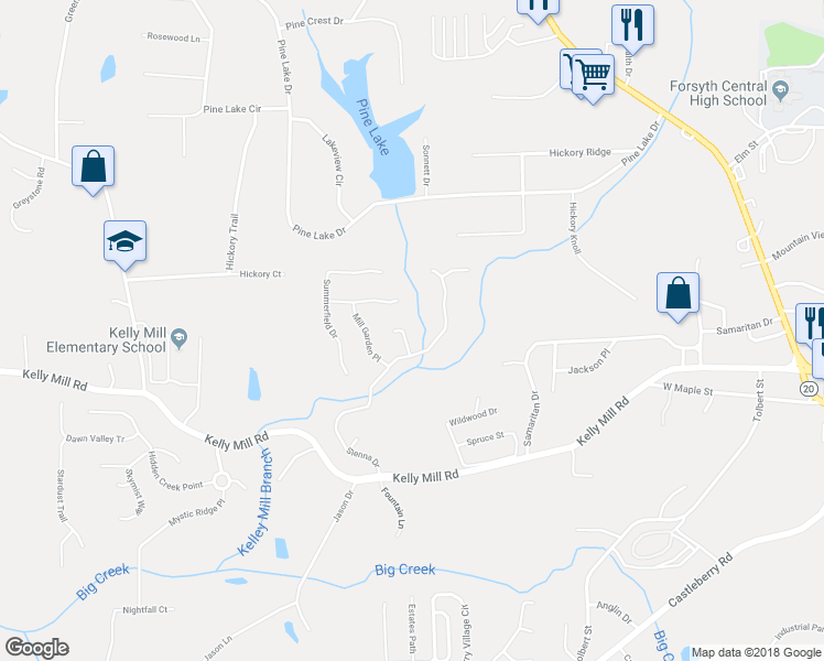 map of restaurants, bars, coffee shops, grocery stores, and more near 930 Sweet Birch Way in Cumming