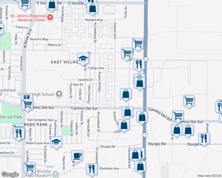 map of restaurants, bars, coffee shops, grocery stores, and more near 716 Calle Vista Verde in Oxnard