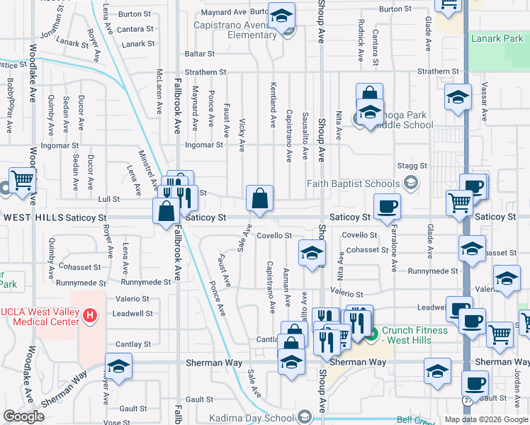 map of restaurants, bars, coffee shops, grocery stores, and more near 22537 Saticoy Street in Los Angeles