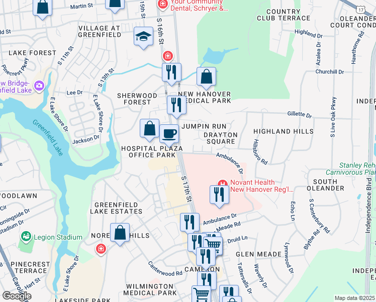map of restaurants, bars, coffee shops, grocery stores, and more near 1833 Savannah Court in Wilmington