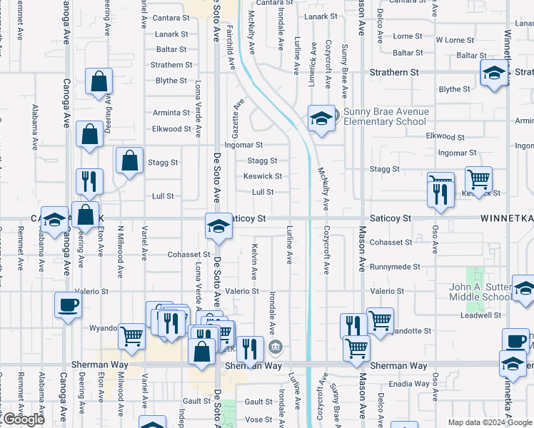 map of restaurants, bars, coffee shops, grocery stores, and more near 7603 Irondale Avenue in Los Angeles