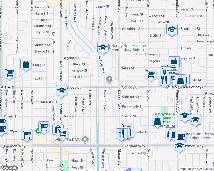 map of restaurants, bars, coffee shops, grocery stores, and more near 20551 Saticoy Street in Los Angeles