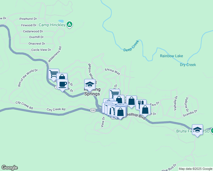 map of restaurants, bars, coffee shops, grocery stores, and more near Secret Drive in Running Springs