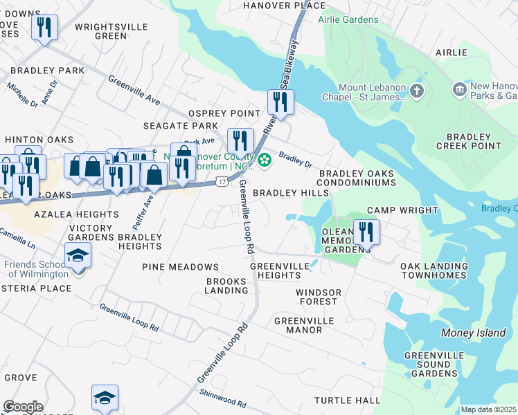 map of restaurants, bars, coffee shops, grocery stores, and more near 102 Hidden Lake Lane in Wilmington