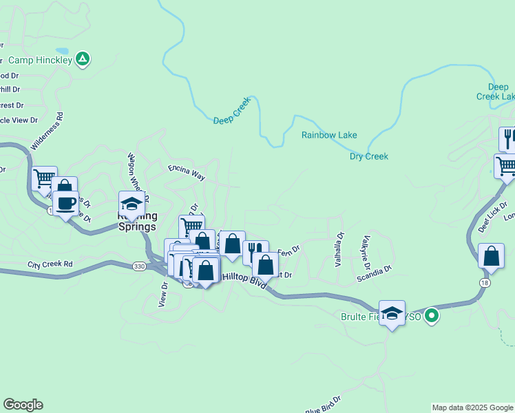 map of restaurants, bars, coffee shops, grocery stores, and more near 32140 Cove Circle in Running Springs