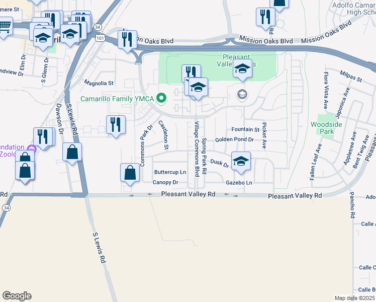 map of restaurants, bars, coffee shops, grocery stores, and more near Bridgehampton Way & Town Forest Ct in Camarillo