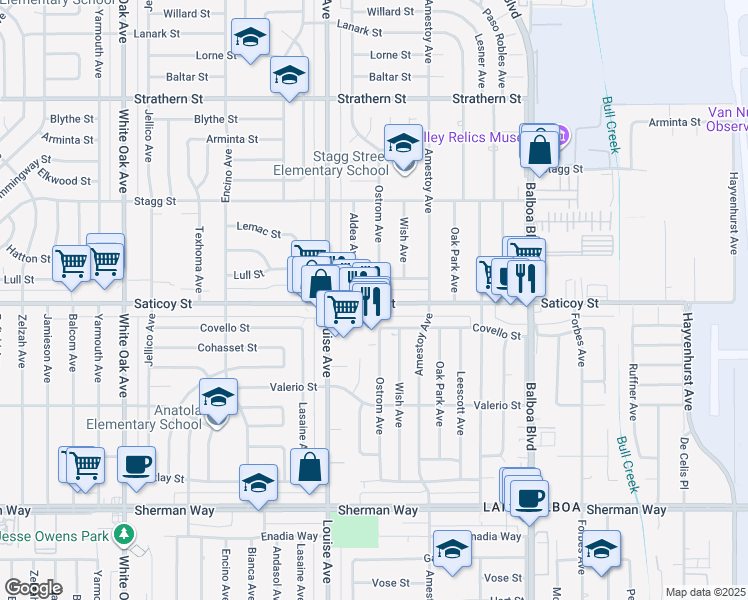 map of restaurants, bars, coffee shops, grocery stores, and more near 17205 Saticoy Street in Los Angeles