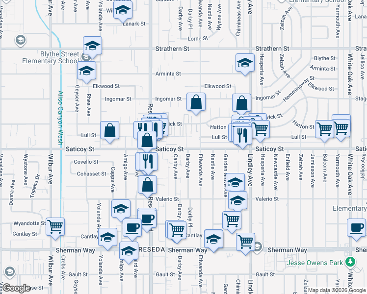 map of restaurants, bars, coffee shops, grocery stores, and more near 18333 Saticoy Street in Los Angeles
