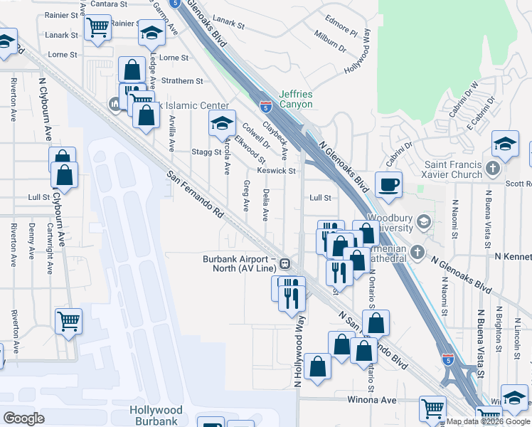 map of restaurants, bars, coffee shops, grocery stores, and more near Delia Avenue in Los Angeles