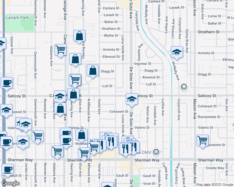 map of restaurants, bars, coffee shops, grocery stores, and more near 20955 Saticoy Street in Los Angeles
