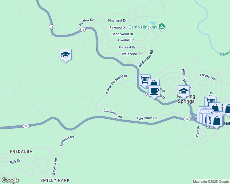 map of restaurants, bars, coffee shops, grocery stores, and more near 31358 Lightfoot Way in Running Springs