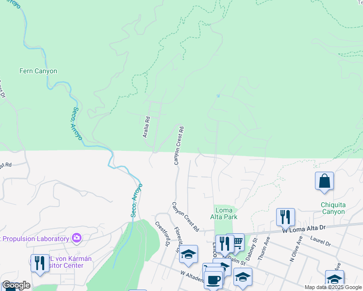 map of restaurants, bars, coffee shops, grocery stores, and more near 3740 Canyon Crest Road in Altadena