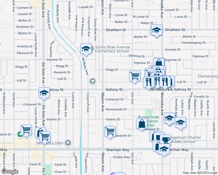 map of restaurants, bars, coffee shops, grocery stores, and more near 20445 Saticoy Street in Los Angeles
