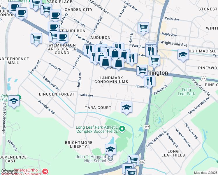 map of restaurants, bars, coffee shops, grocery stores, and more near 4190 Spirea Drive in Wilmington