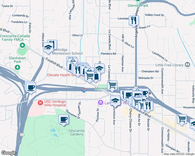 map of restaurants, bars, coffee shops, grocery stores, and more near 4533 Encinas Drive in La Cañada Flintridge