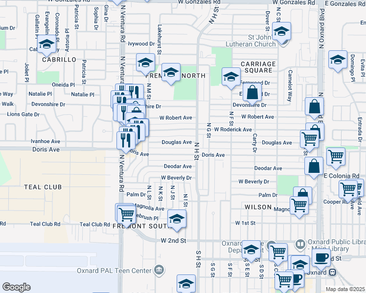map of restaurants, bars, coffee shops, grocery stores, and more near 1035 Douglas Avenue in Oxnard