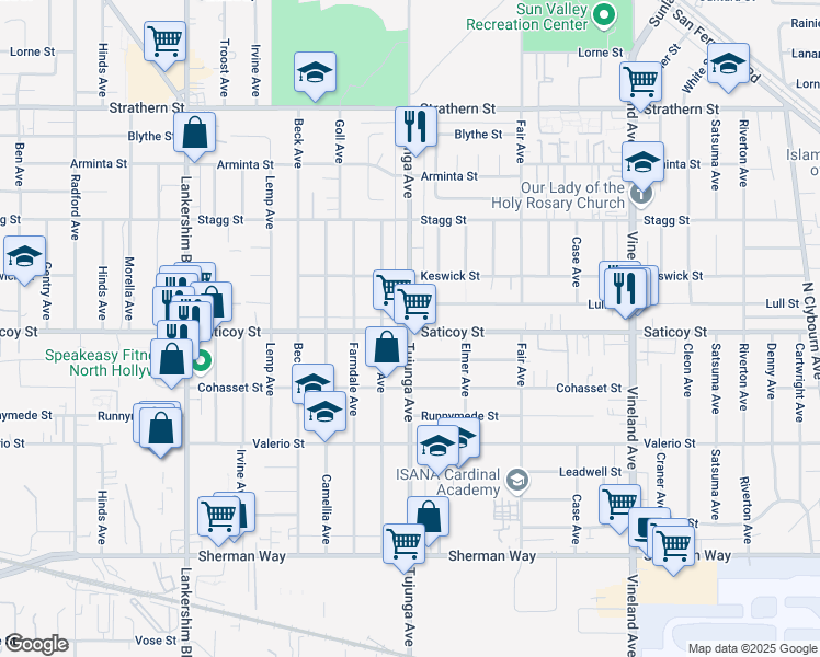 map of restaurants, bars, coffee shops, grocery stores, and more near 11344 Lull Street in Los Angeles