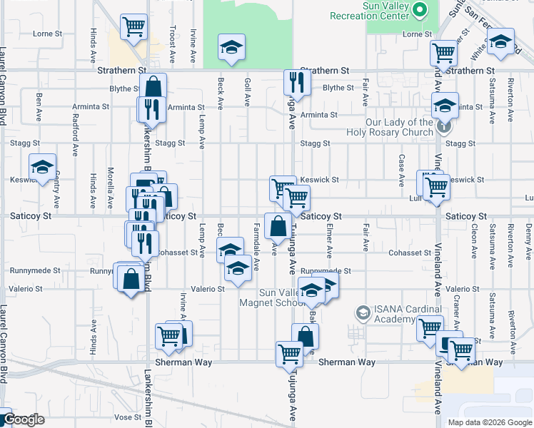 map of restaurants, bars, coffee shops, grocery stores, and more near 11443 Saticoy Street in Los Angeles