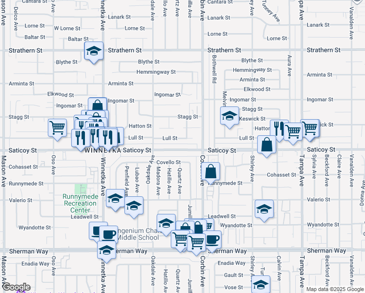 map of restaurants, bars, coffee shops, grocery stores, and more near 19751 Saticoy Street in Los Angeles