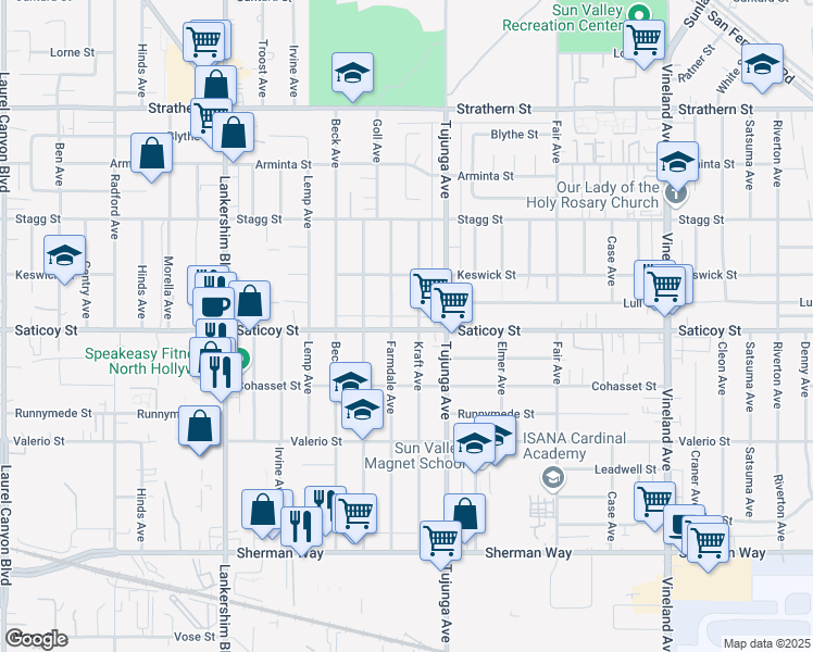 map of restaurants, bars, coffee shops, grocery stores, and more near 11443 Saticoy Street in Los Angeles