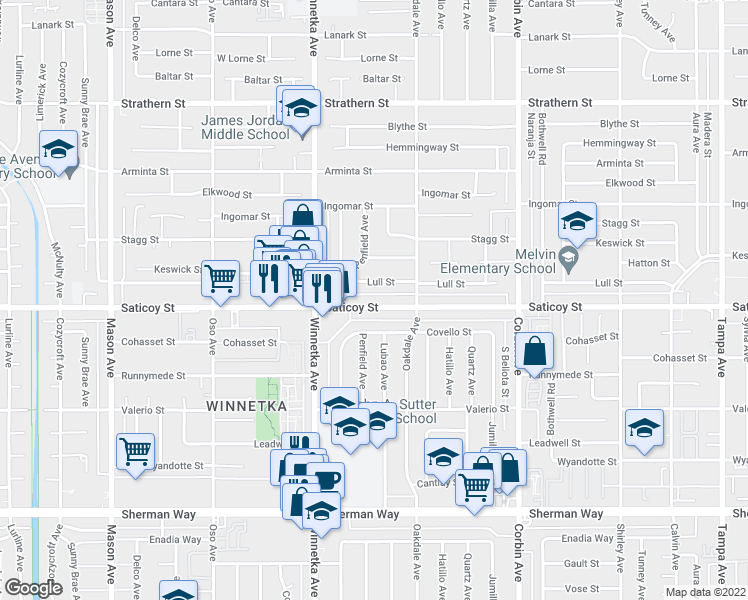 map of restaurants, bars, coffee shops, grocery stores, and more near 19951 Saticoy Street in Los Angeles