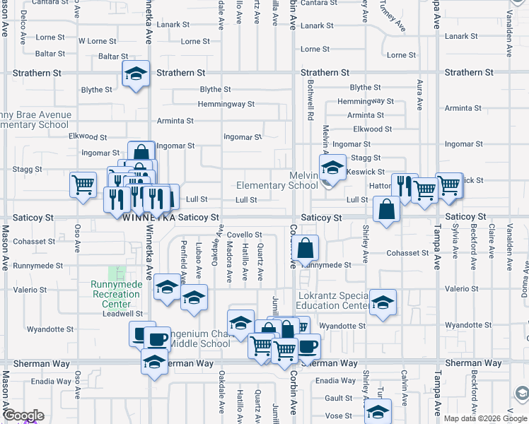 map of restaurants, bars, coffee shops, grocery stores, and more near 19751 Saticoy Street in Los Angeles